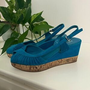Authentic Prada Blue Suede Cork Wedges, Size 38.5